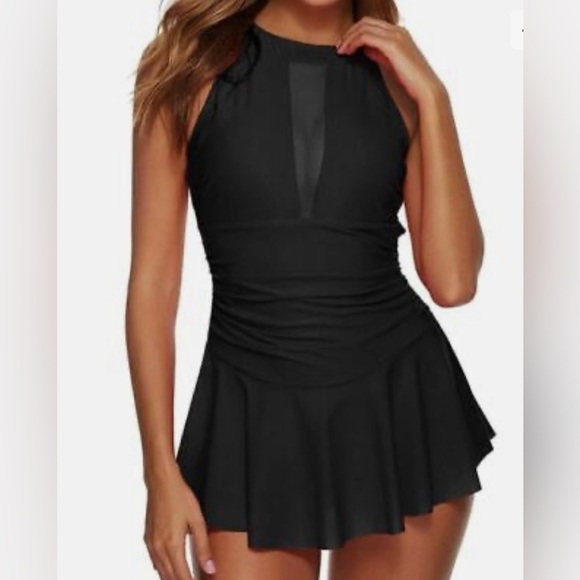 Women’s High Neck Skirted Swimsuit - Dailulin - Black - Picture 1 of 15